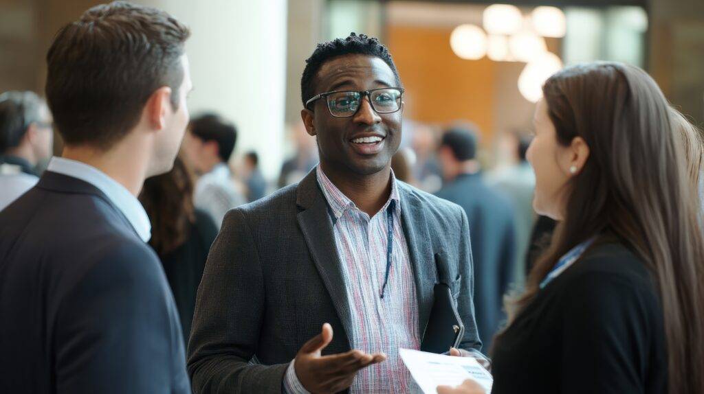 Various individuals engage in interactions and conversations at a lively career fair setting