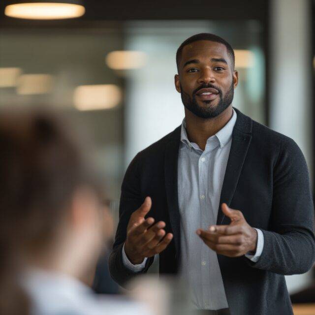 professional man giving a presentation in a modern office setting