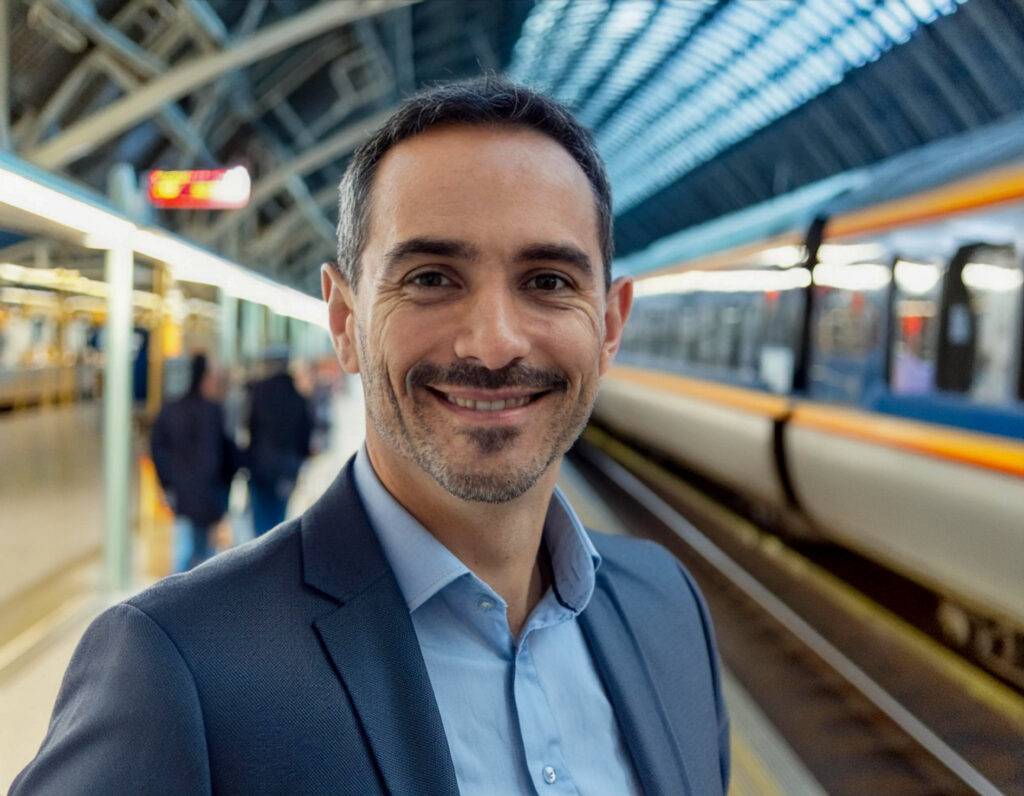 railroad,station,commuter,man,businessman,train,rail,business,platform,young,public,transport,fare,waiting,standing,smile,look,cable,car,train,contented,happy,laid,back,people,person,smiling,portrait,closeup,transport,public,communication,coat,suit,turk,turkish,50,