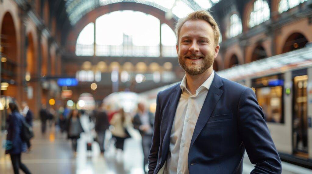 A smiling man in a suit stands in a bustling train station with blurred commuters and trains in the background